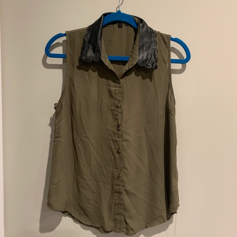 Olive Sleeveless Top with Faux Leather Collar
